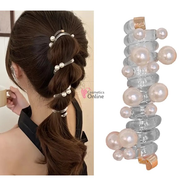 Spirala pentru prins parul din silicon model DMS001AA Transparent cu perle sidefate